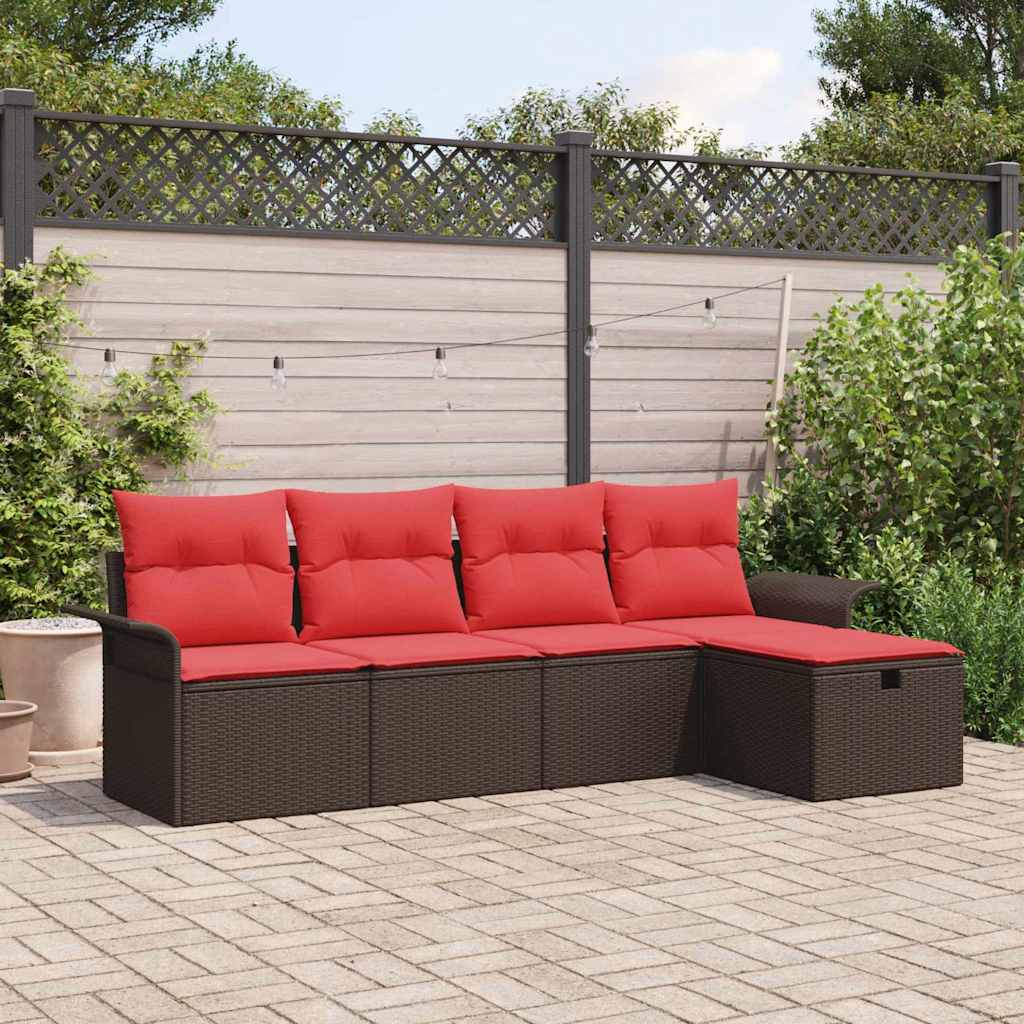 Havesofa Sæt med pude 5 pcs Brun og Rød polyrattan