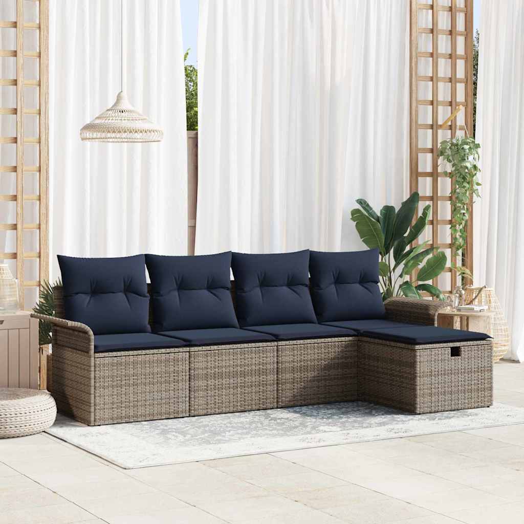 Havesofa Sæt med pude 5 pcs Grå og Marineblå polyrattan