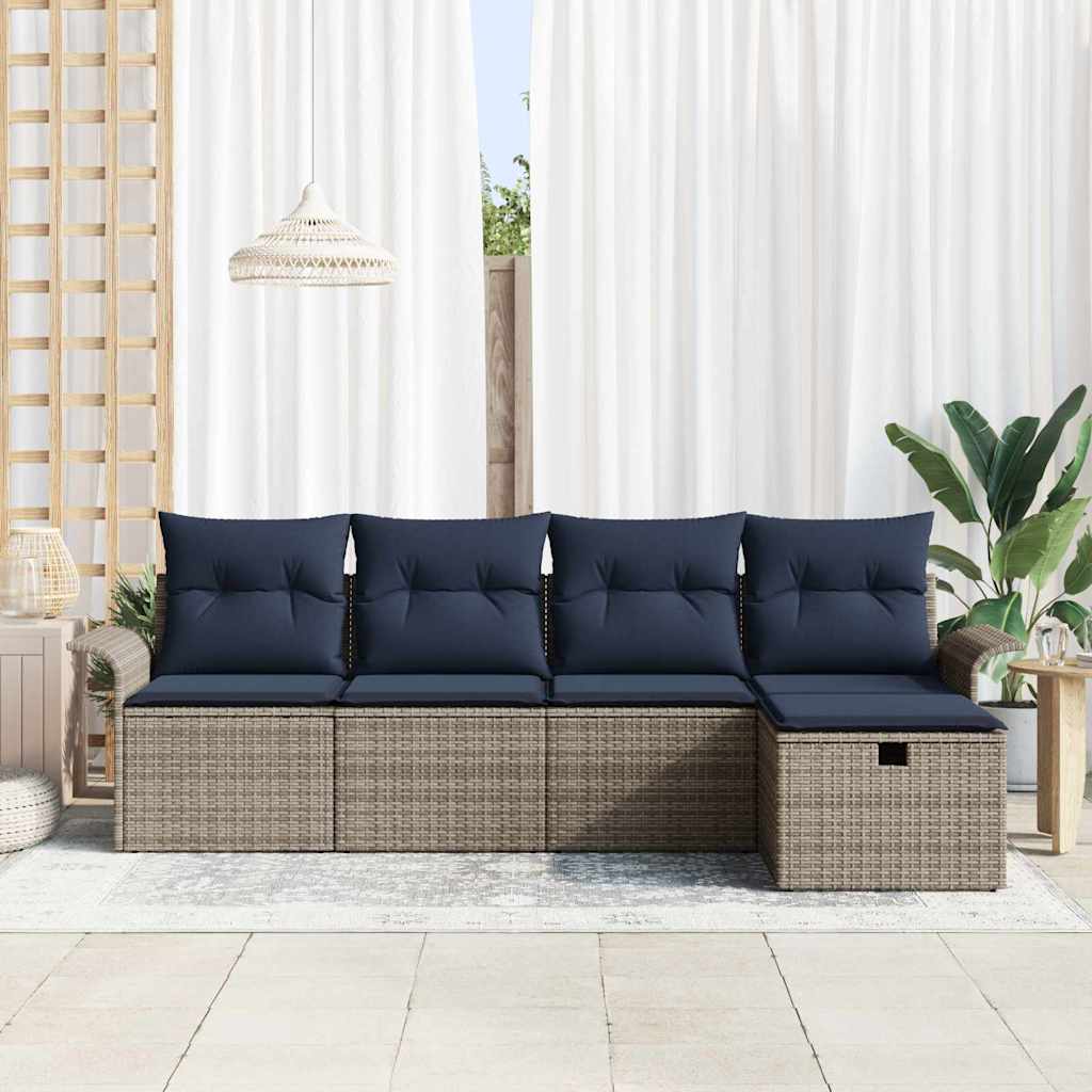 Havesofa Sæt med pude 5 pcs Grå og Marineblå polyrattan