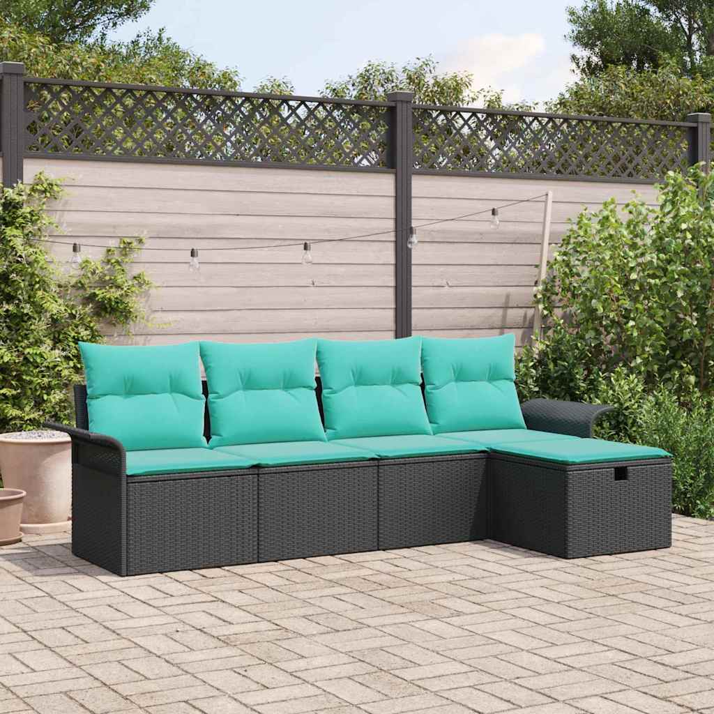 Havesofa Sæt med pude 5 pcs Sort og turkis polyrattan