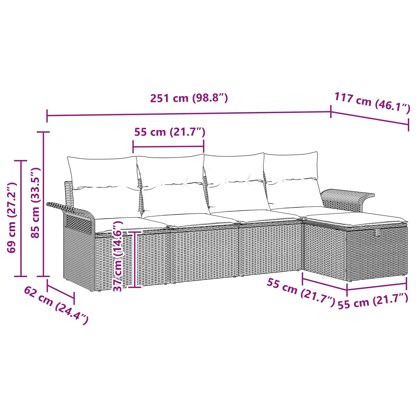 Havesofa Sæt med pude 5 pcs Sort og turkis polyrattan