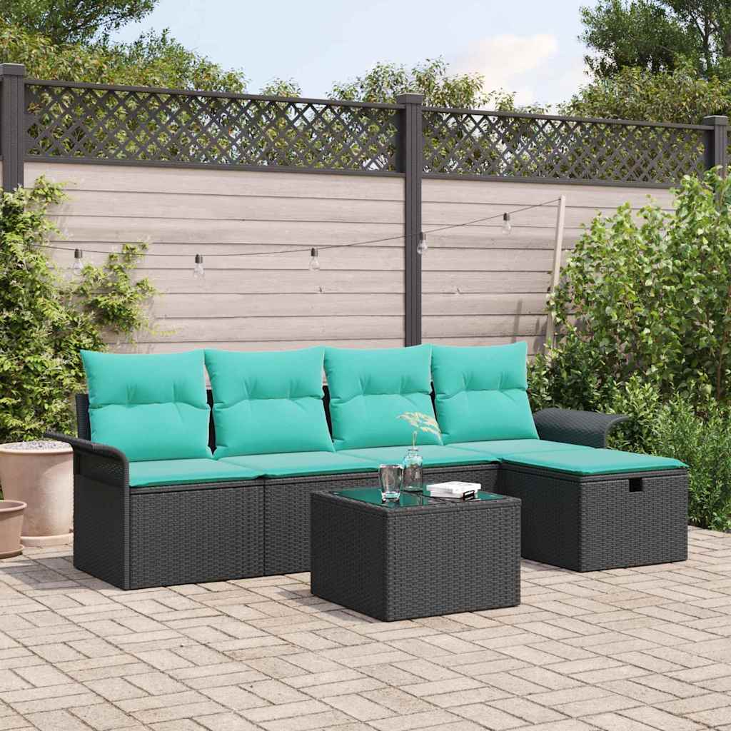 Havesofa Sæt med pude 6 pcs Sort og turkis polyrattan