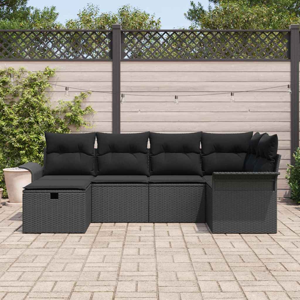 Havesofa Sæt med pude med opbevaring 6 pcs Sort polyrattan