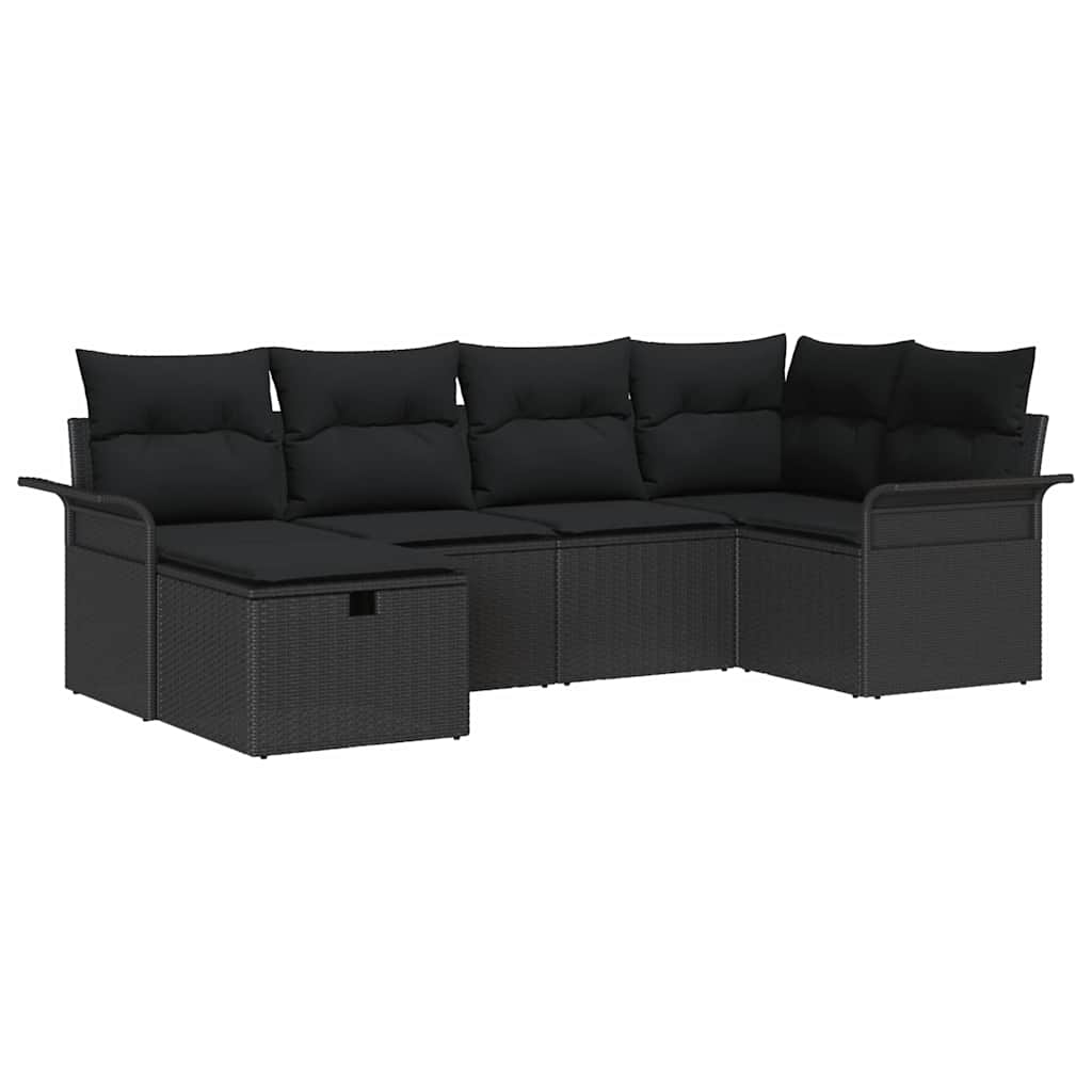 Havesofa Sæt med pude med opbevaring 6 pcs Sort polyrattan