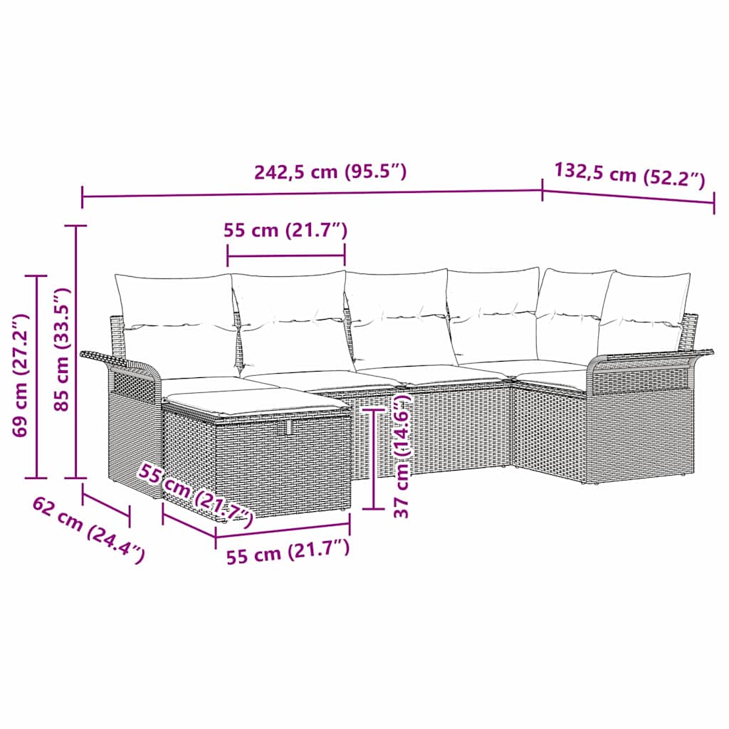 Havesofa Sæt med pude med opbevaring 6 pcs Sort polyrattan