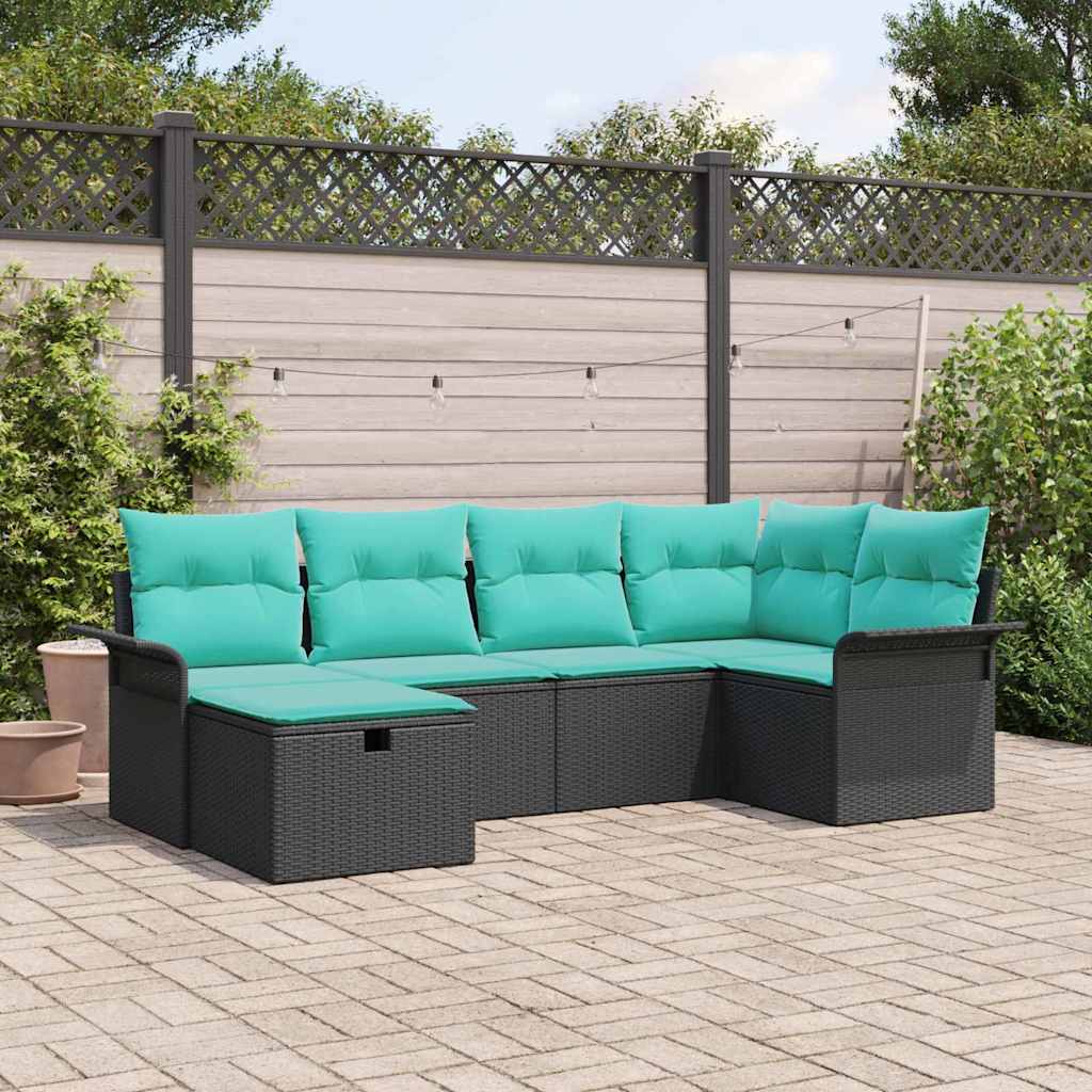Havesofa Sæt med pude 6 pcs Sort og turkis polyrattan