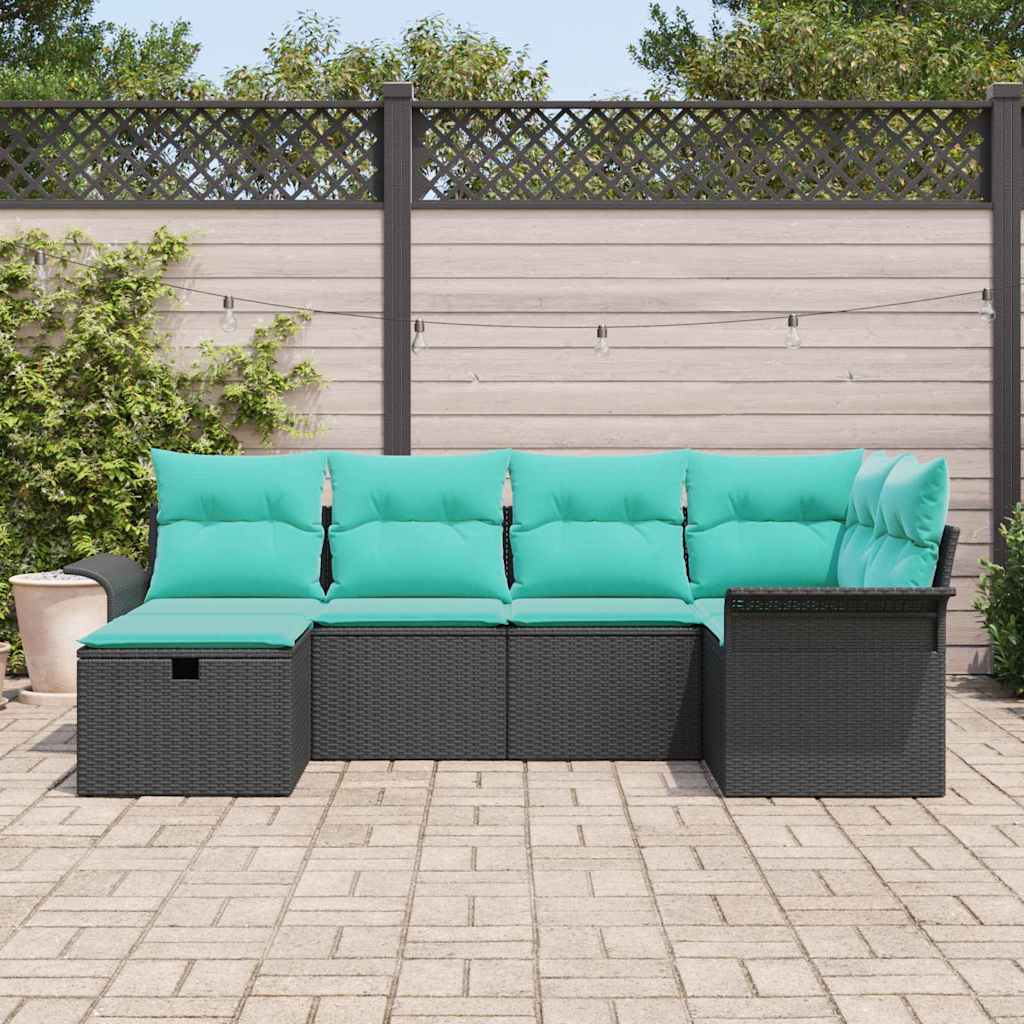 Havesofa Sæt med pude 6 pcs Sort og turkis polyrattan