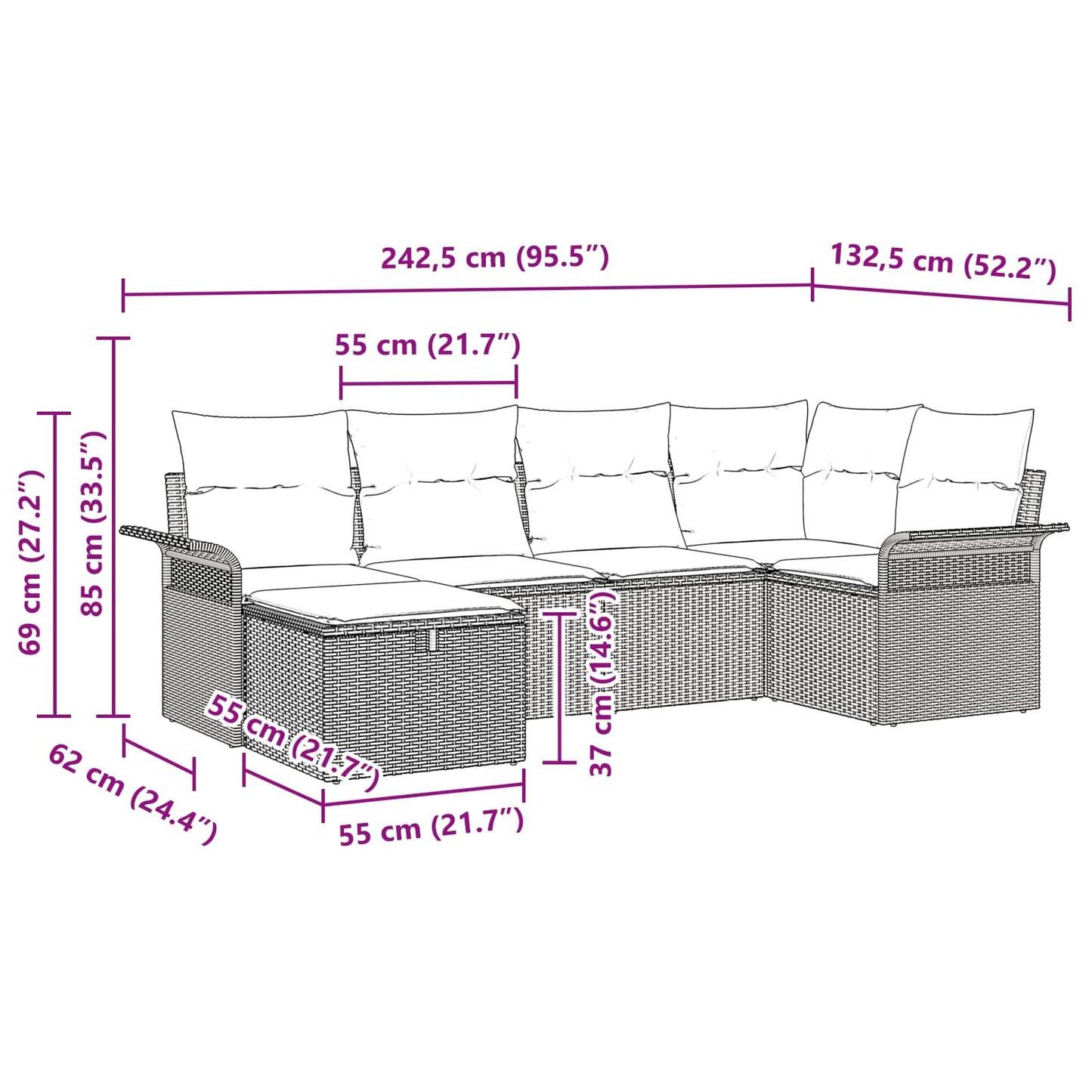 Havesofa Sæt med pude 6 pcs Sort og turkis polyrattan