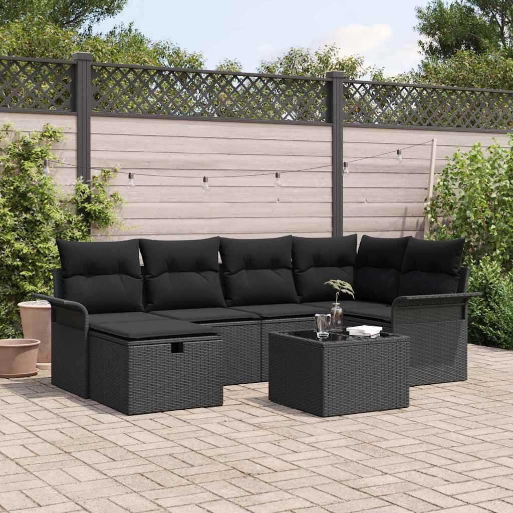 Havesofa Sæt med pude med opbevaring 7 pcs Sort polyrattan