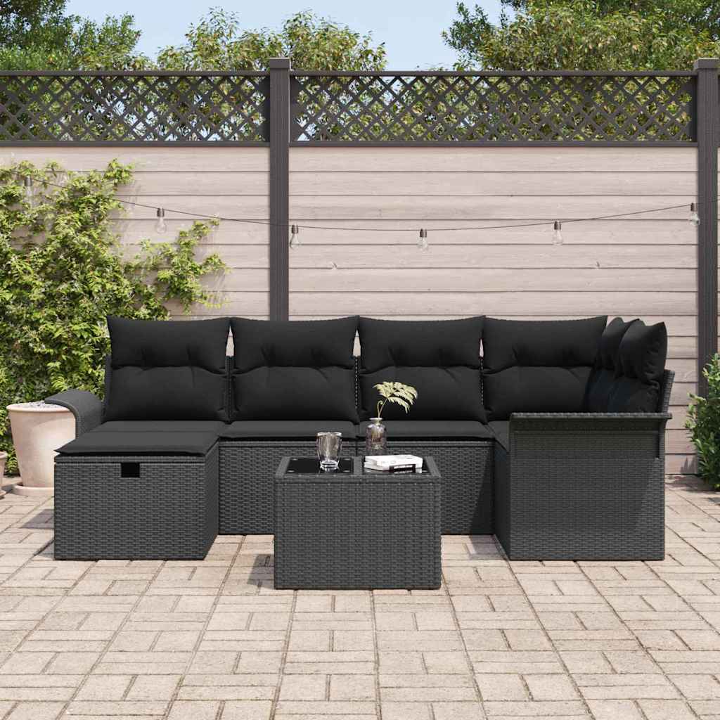 Havesofa Sæt med pude med opbevaring 7 pcs Sort polyrattan