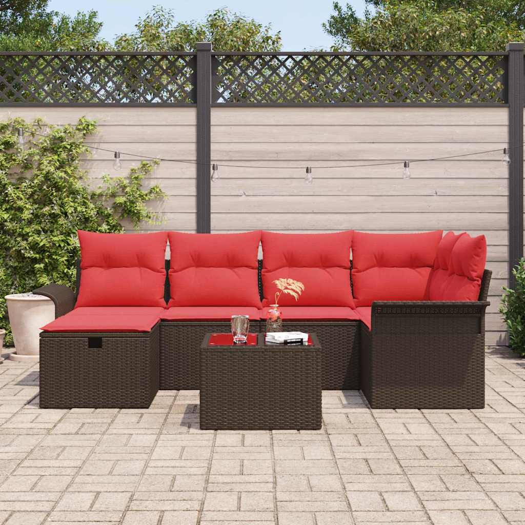Havesofa Sæt med pude 7 pcs Brun og Rød polyrattan