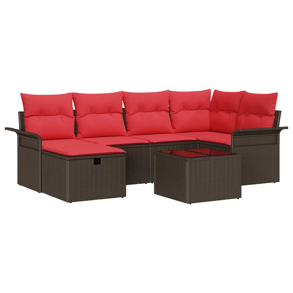 Havesofa Sæt med pude 7 pcs Brun og Rød polyrattan