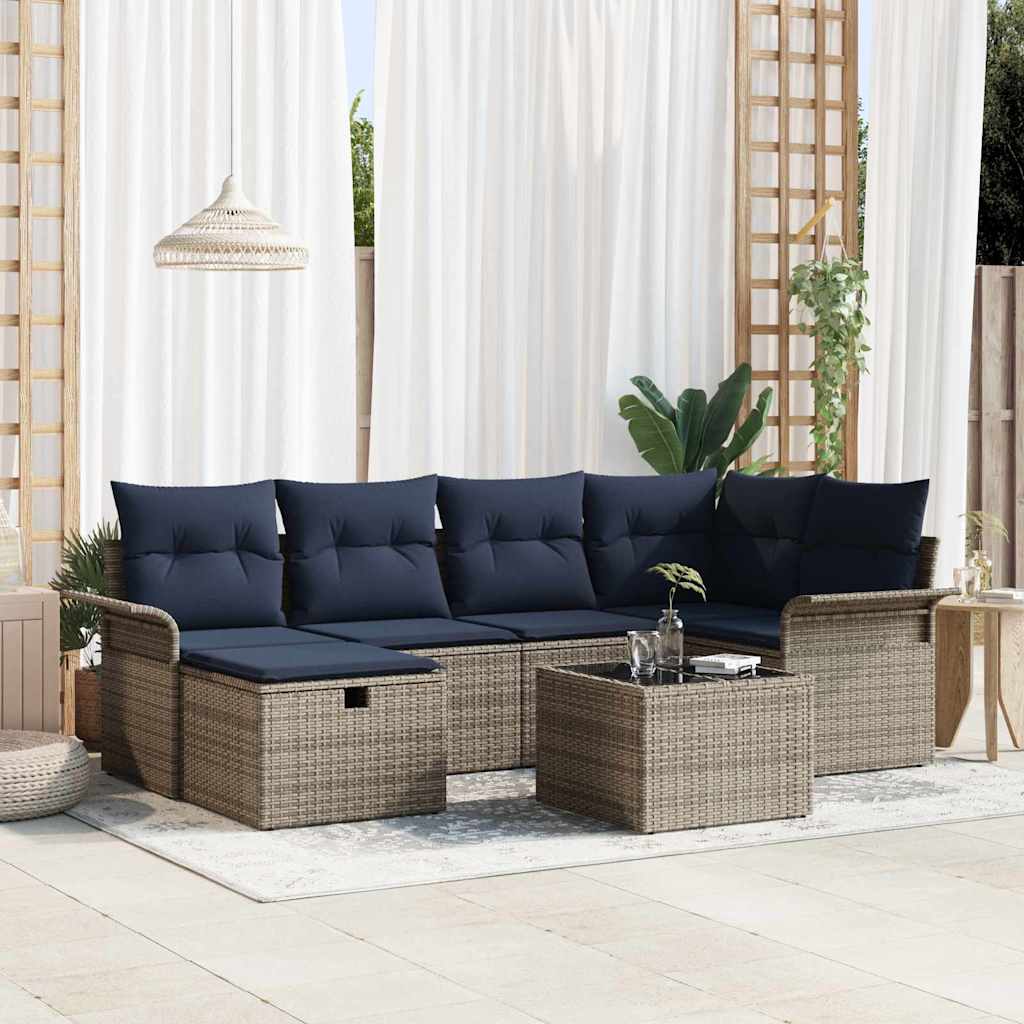 Havesofa Sæt med pude 7 pcs Grå og Marineblå polyrattan