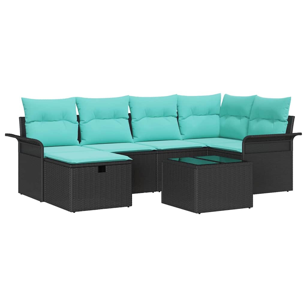 Havesofa Sæt med pude 7 pcs Sort og turkis polyrattan