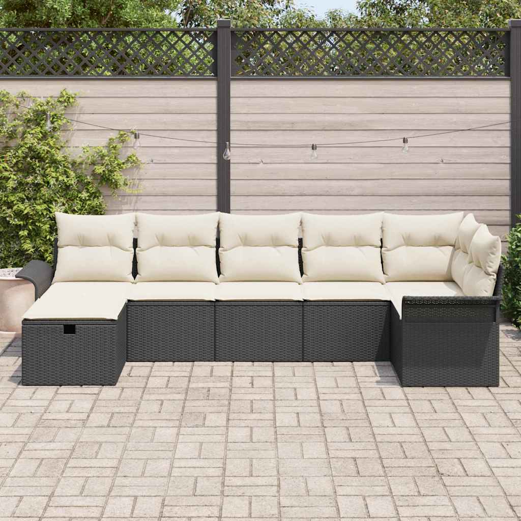 Havesofa Sæt med pude 7 pcs Sort og Cream polyrattan