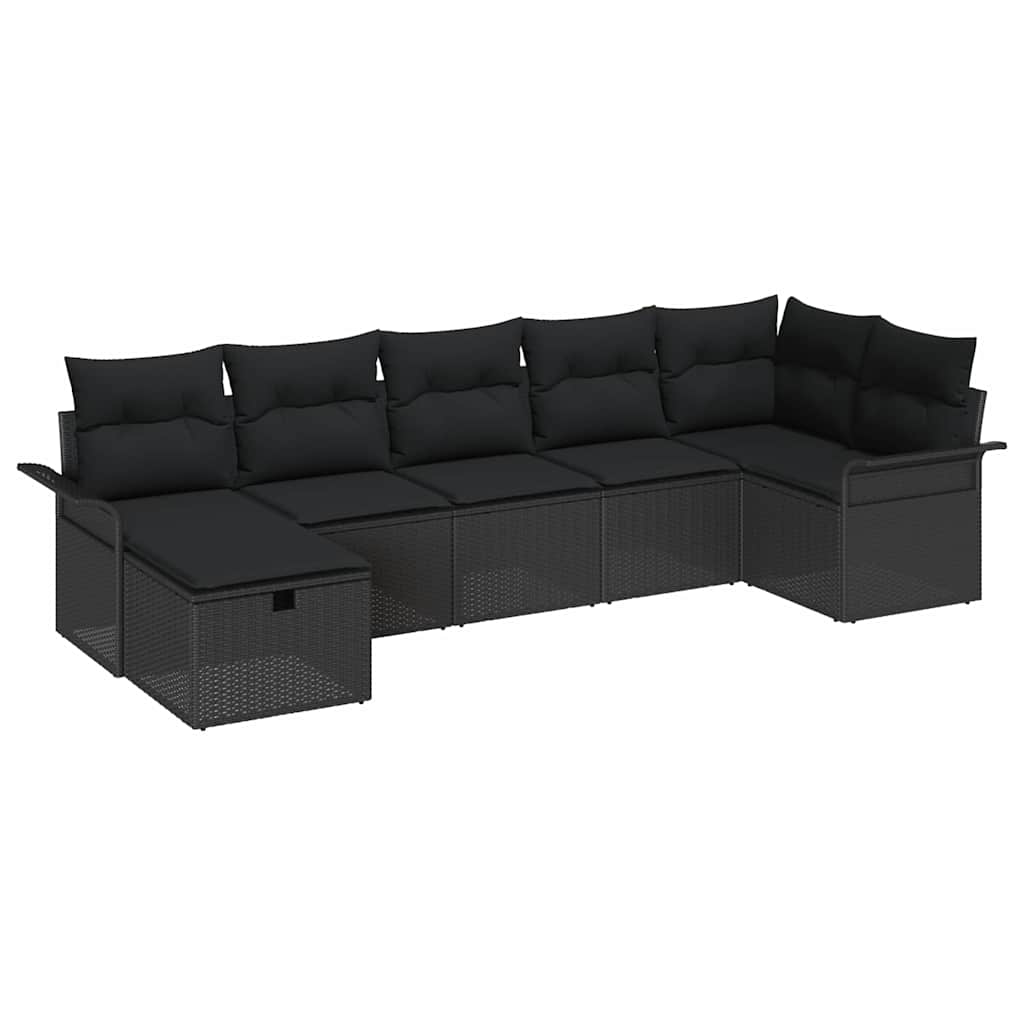 Havesofa Sæt med pude med opbevaring 7 pcs Sort polyrattan
