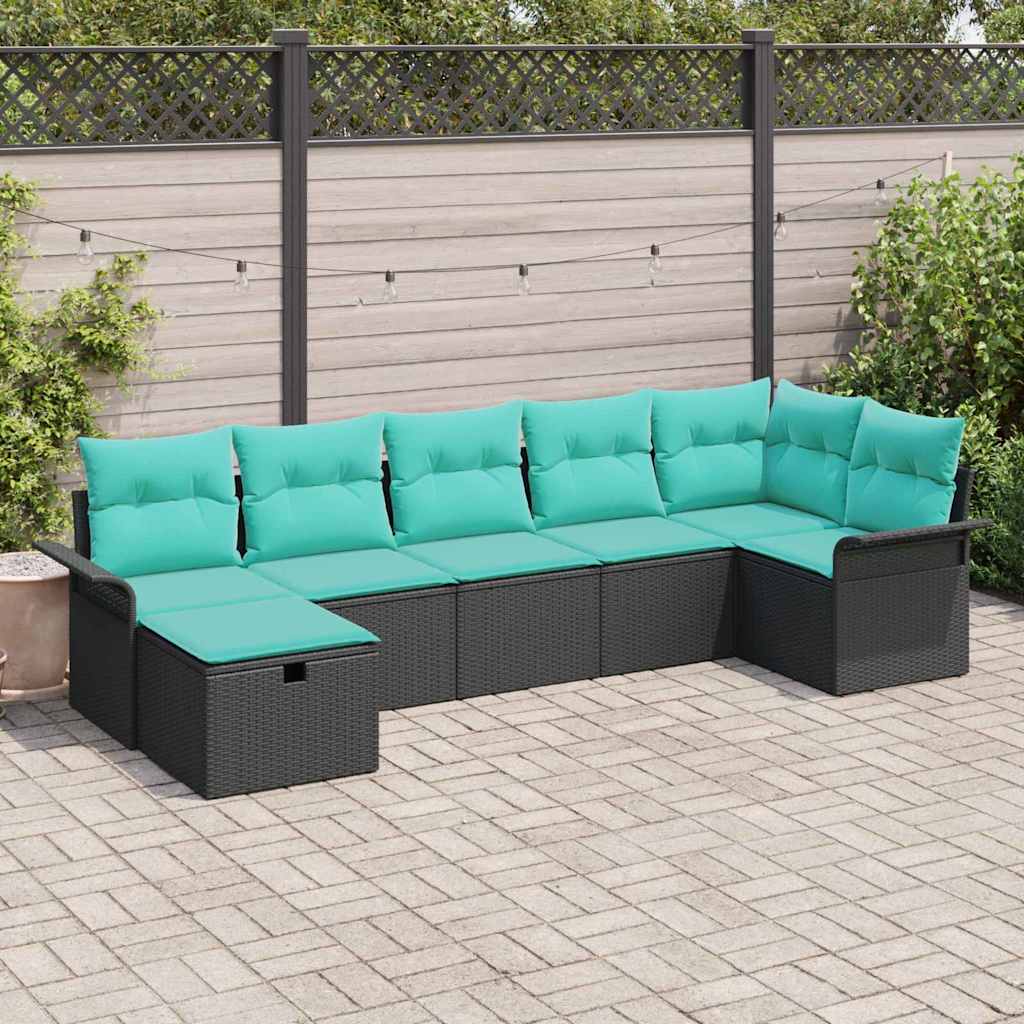 Havesofa Sæt med pude 7 pcs Sort og turkis polyrattan