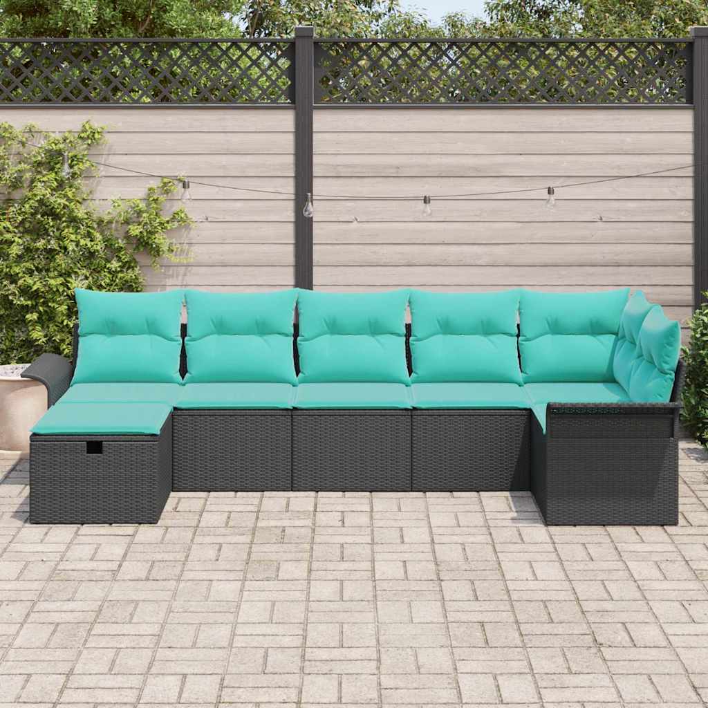 Havesofa Sæt med pude 7 pcs Sort og turkis polyrattan