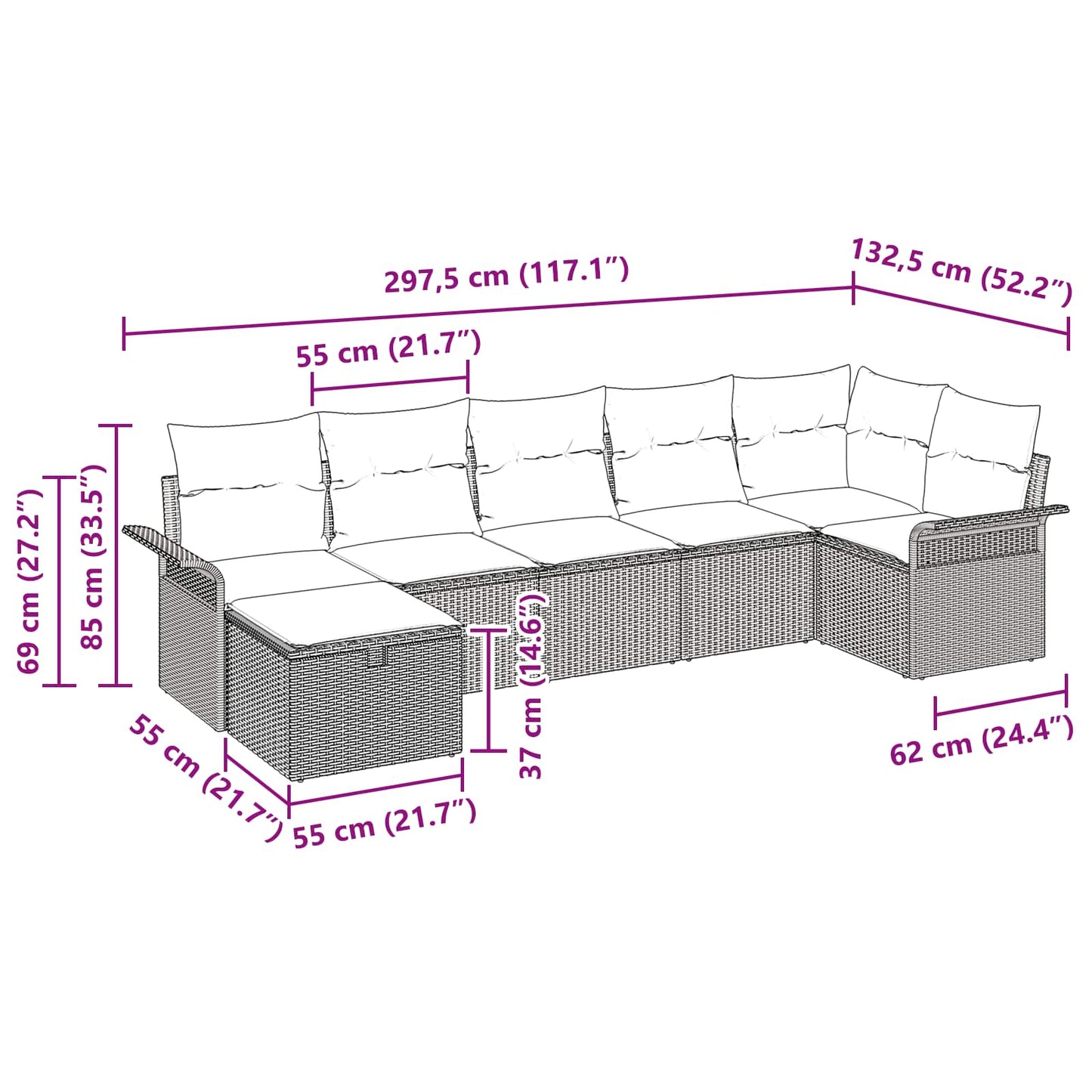 Havesofa Sæt med pude 7 pcs Sort og turkis polyrattan