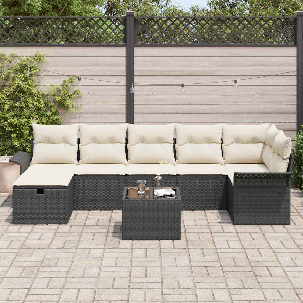 Havesofa Sæt med pude 8 pcs Sort og Cream polyrattan