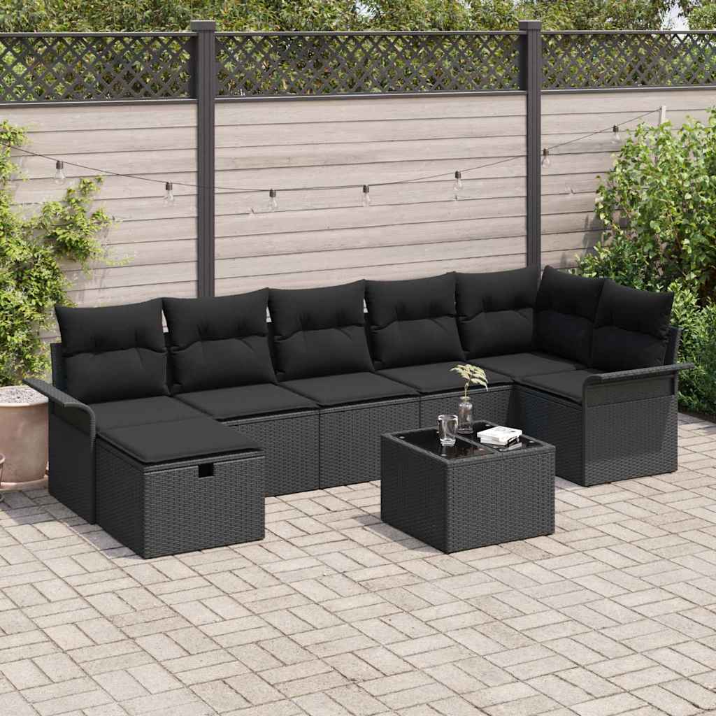 Havesofa Sæt med pude med opbevaring 8 pcs Sort polyrattan