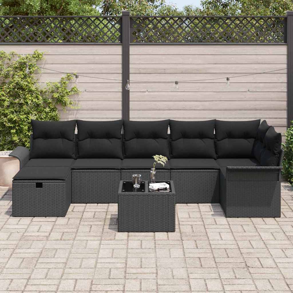 Havesofa Sæt med pude med opbevaring 8 pcs Sort polyrattan