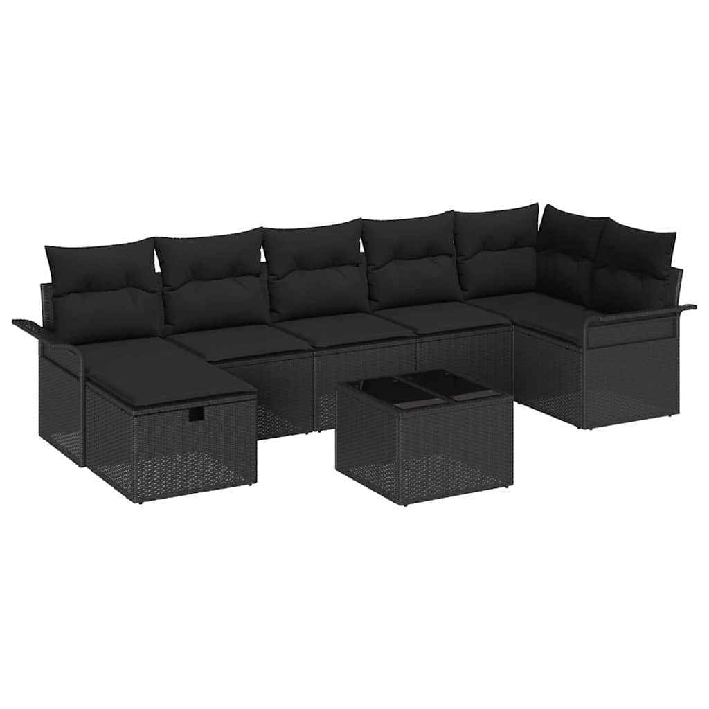 Havesofa Sæt med pude med opbevaring 8 pcs Sort polyrattan
