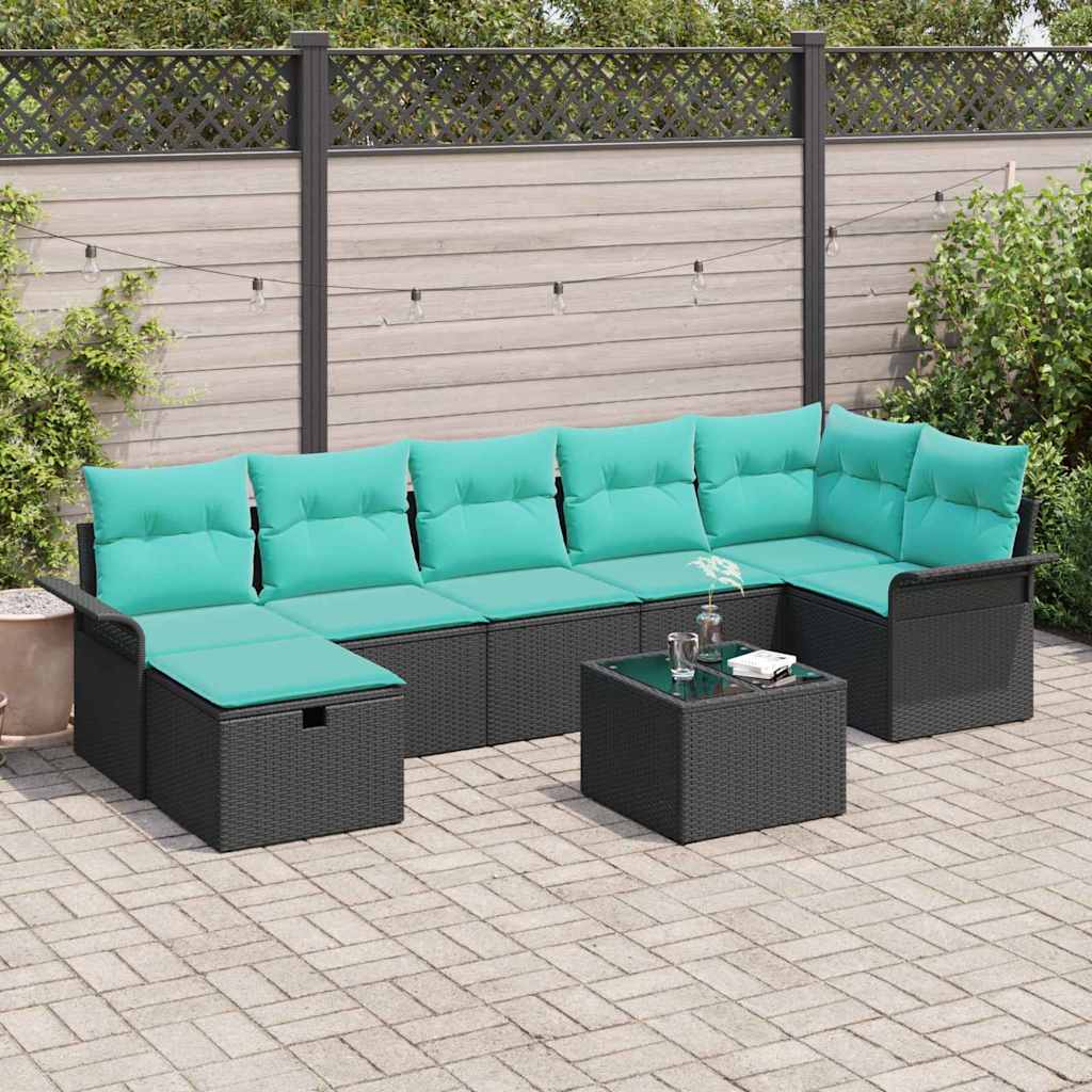 Havesofa Sæt med pude 8 pcs Sort og turkis polyrattan