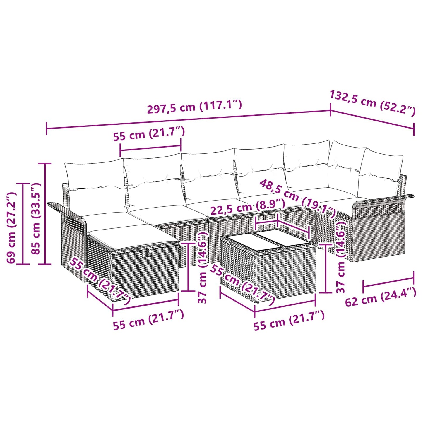 Havesofa Sæt med pude 8 pcs Sort og turkis polyrattan