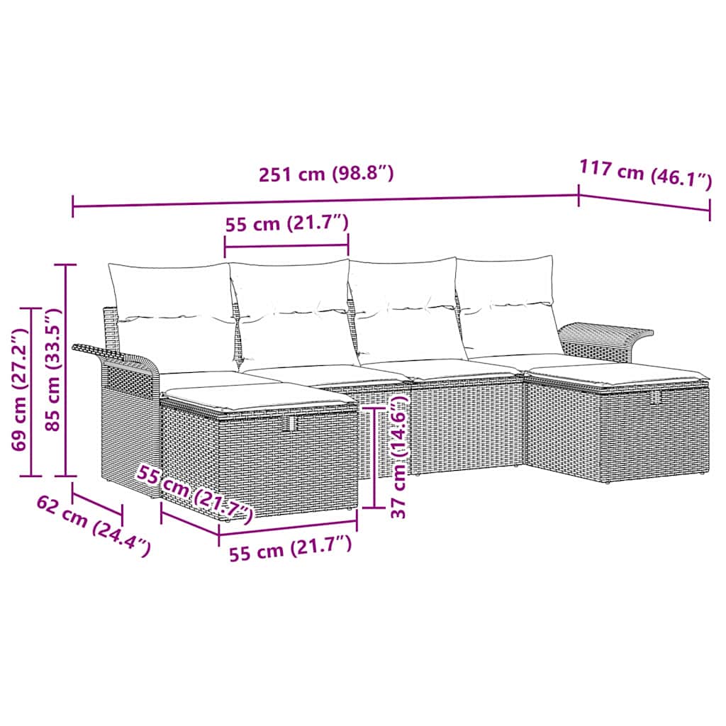 Havesofa Sæt med pude med opbevaring 6 pcs Sort polyrattan