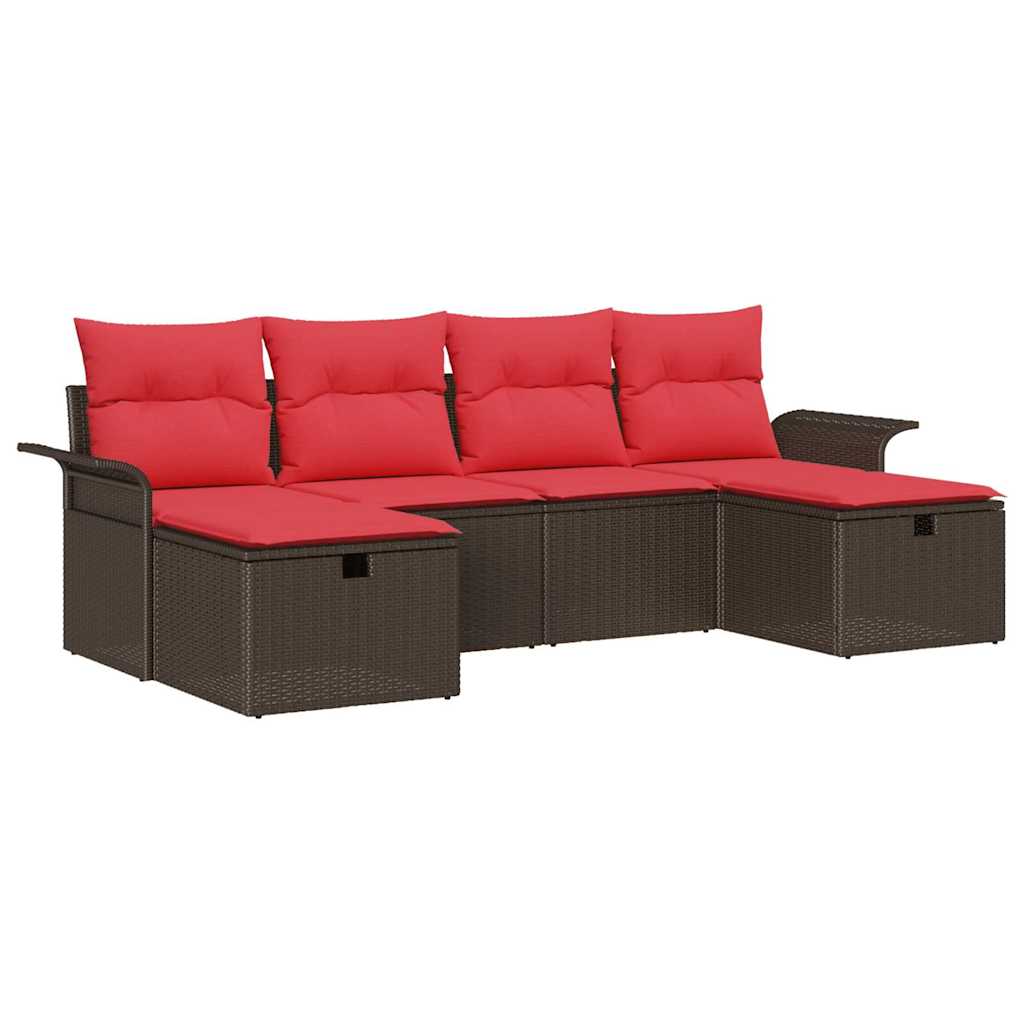 Havesofa Sæt med pude 6 pcs Brun og Rød polyrattan