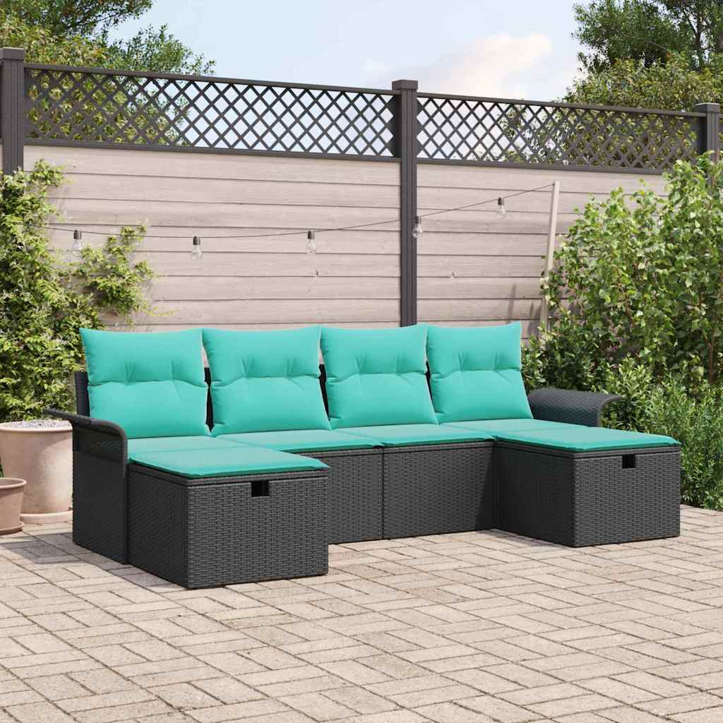 Havesofa Sæt med pude 6 pcs Sort og turkis polyrattan