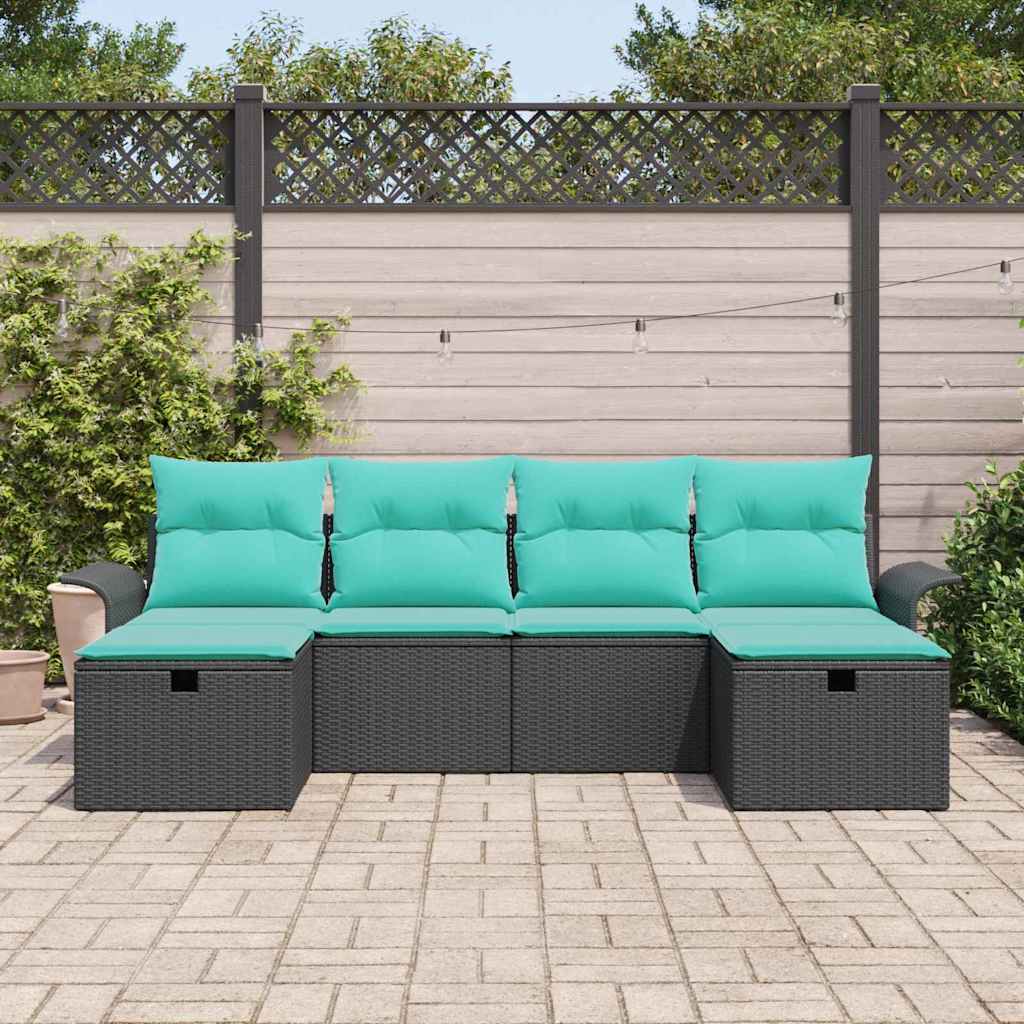 Havesofa Sæt med pude 6 pcs Sort og turkis polyrattan