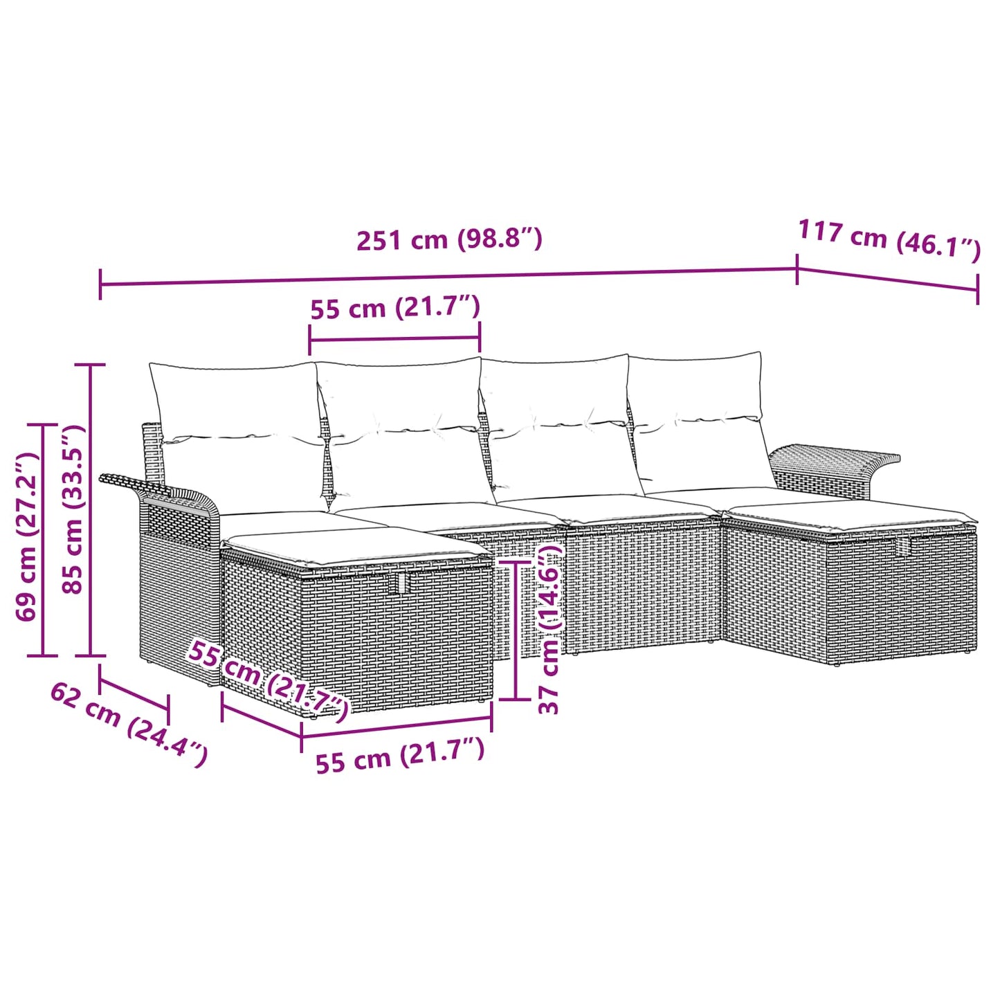 Havesofa Sæt med pude 6 pcs Sort og turkis polyrattan