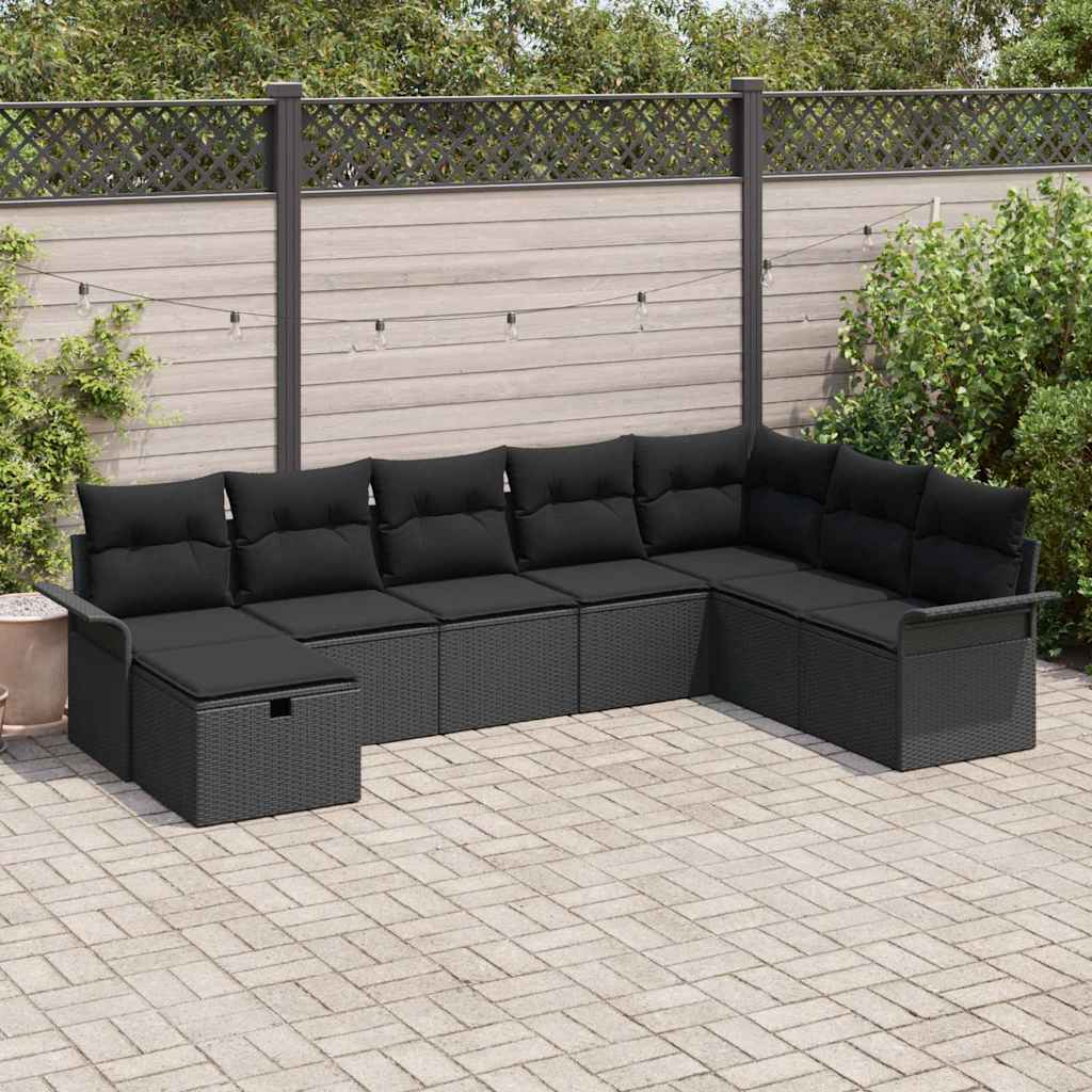 Havesofa Sæt med pude med opbevaring 8 pcs Sort polyrattan