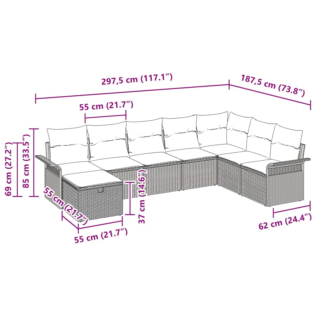 Havesofa Sæt med pude med opbevaring 8 pcs Sort polyrattan