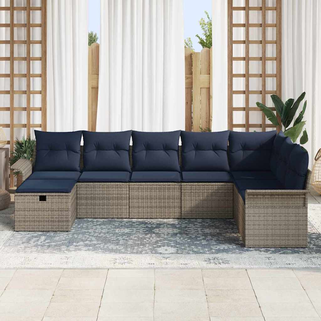 Havesofa Sæt med pude 8 pcs Grå og Marineblå polyrattan