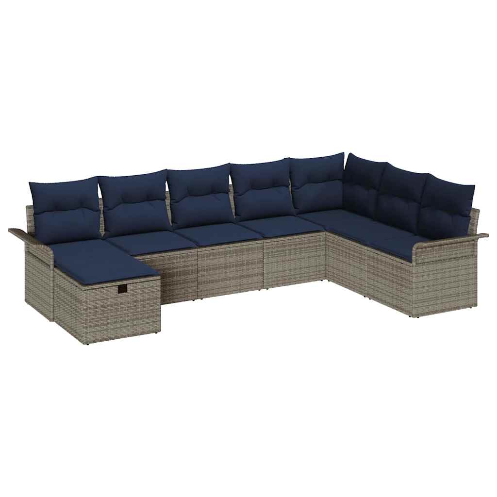 Havesofa Sæt med pude 8 pcs Grå og Marineblå polyrattan