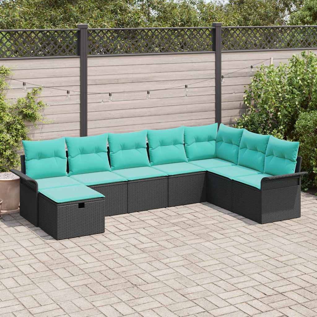 Havesofa Sæt med pude 8 pcs Sort og turkis polyrattan