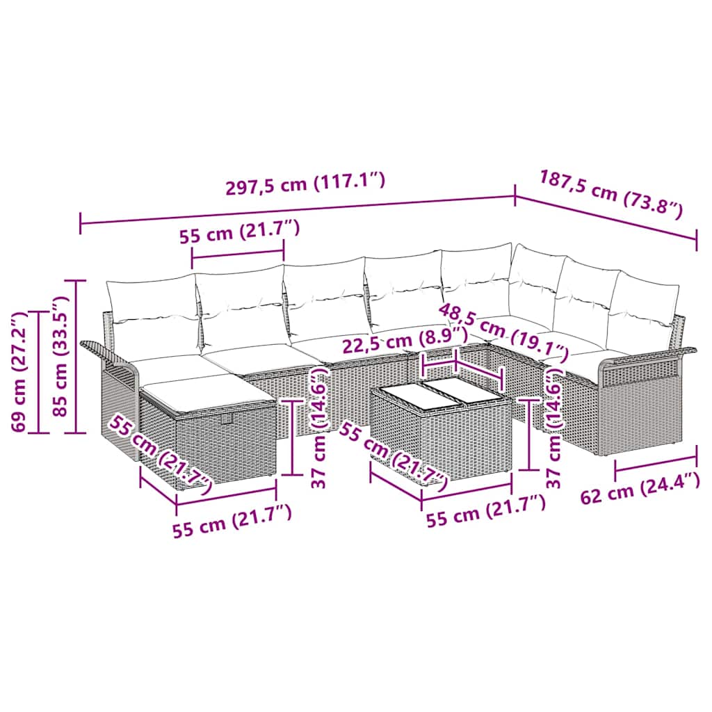 Havesofa Sæt med pude 9 pcs Beige og creme polyrattan