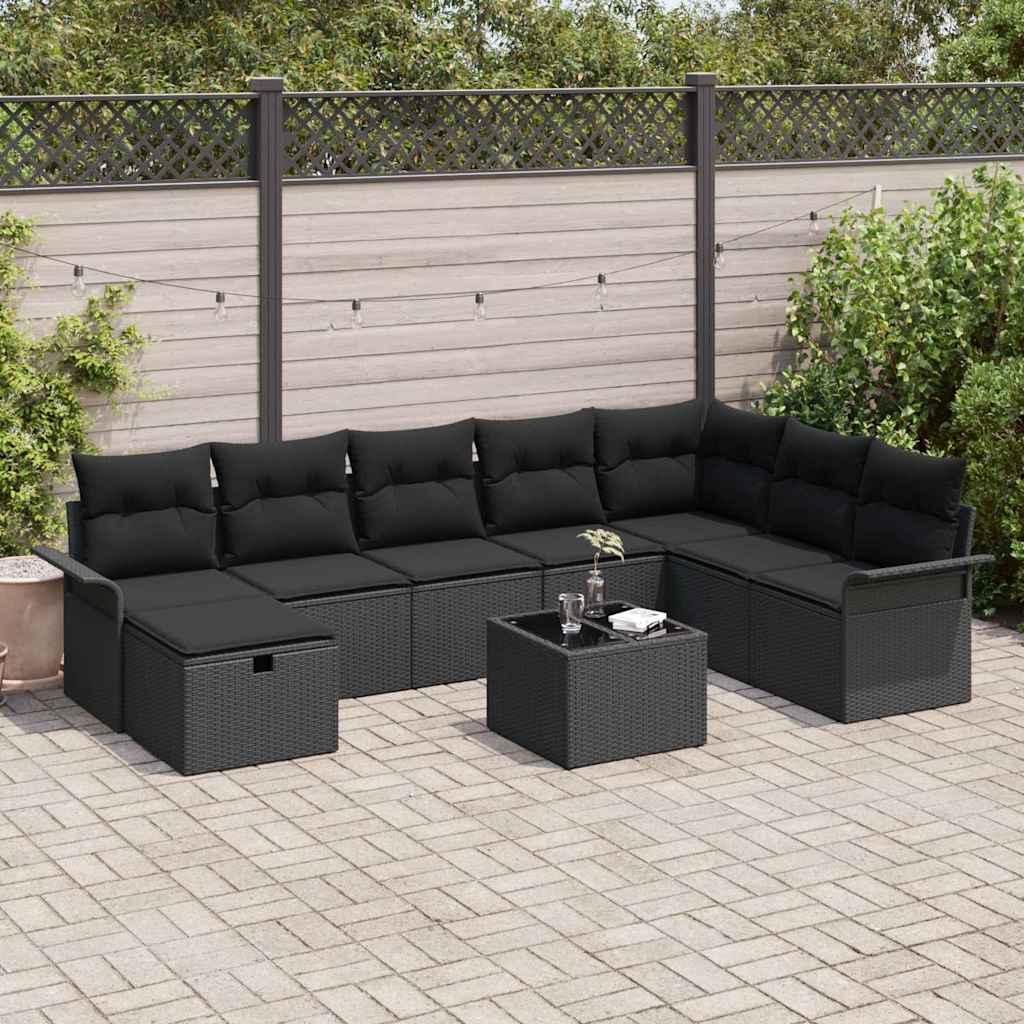 Havesofa Sæt med pude med opbevaring 9 pcs Sort polyrattan