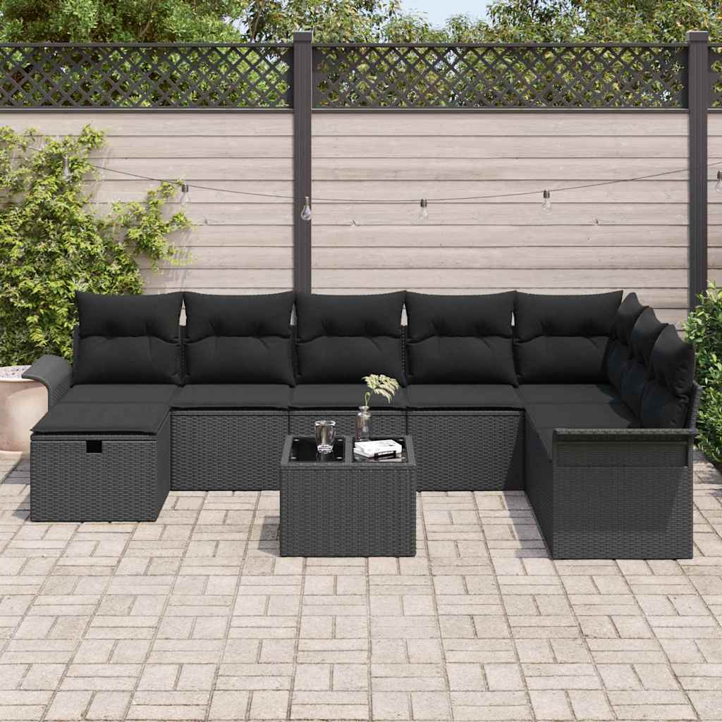 Havesofa Sæt med pude med opbevaring 9 pcs Sort polyrattan