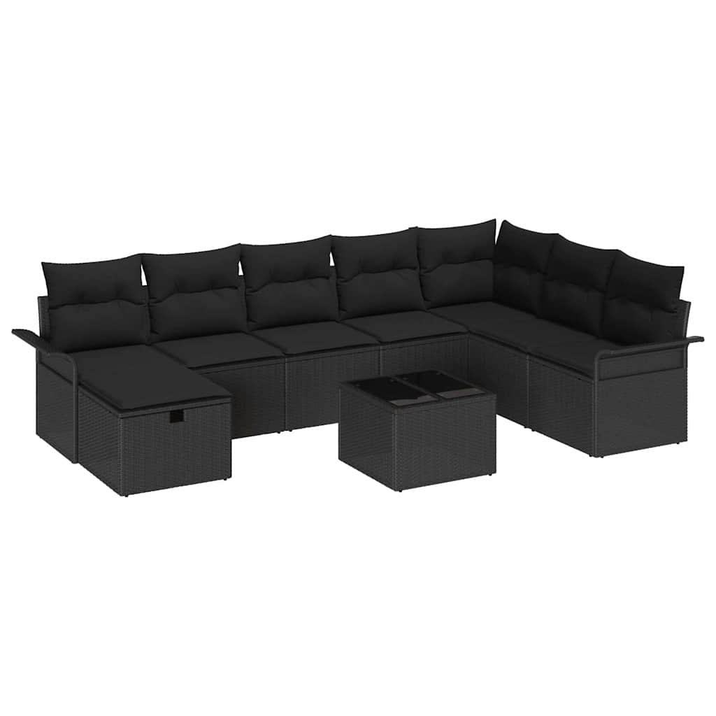Havesofa Sæt med pude med opbevaring 9 pcs Sort polyrattan