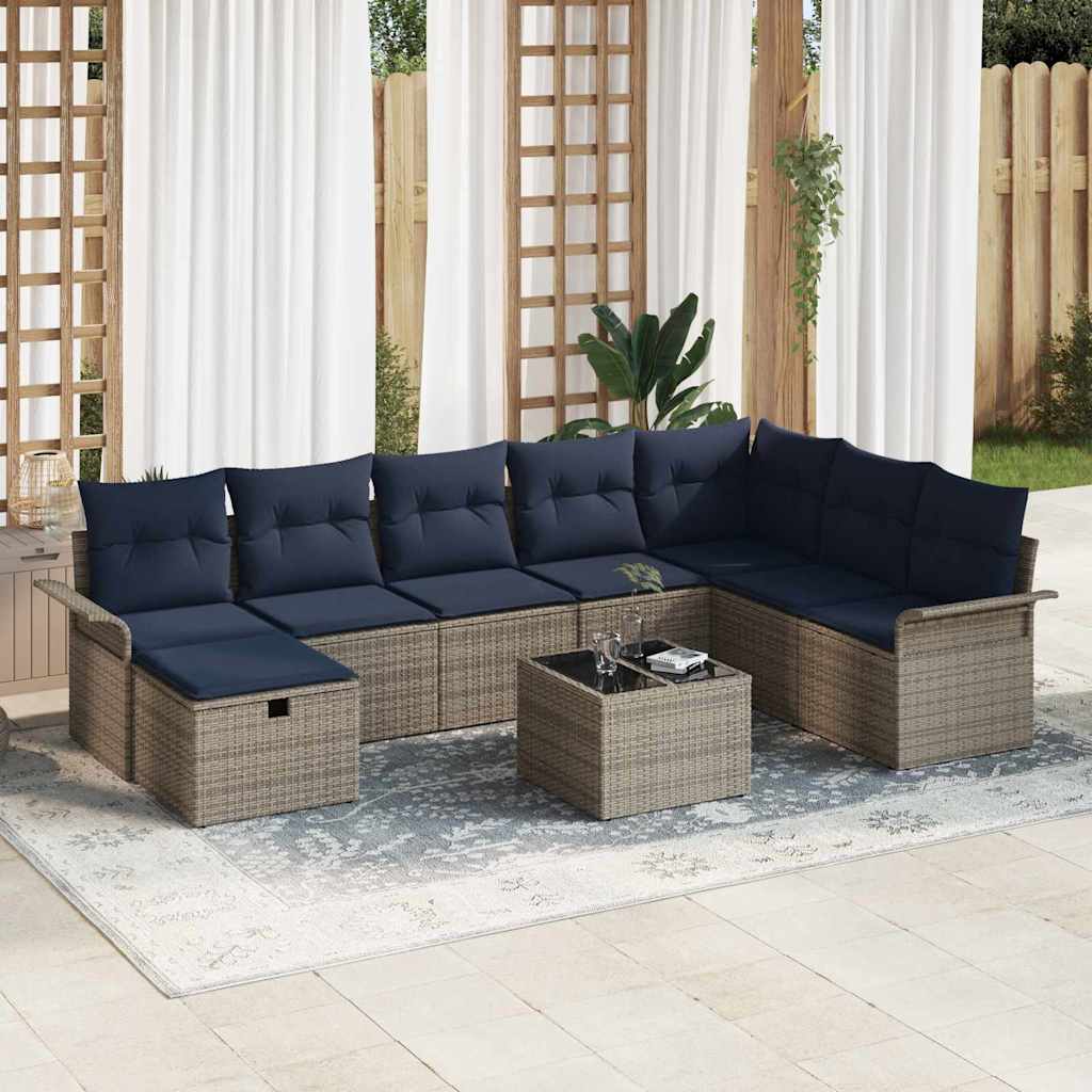 Havesofa Sæt med pude 9 pcs Grå og Marineblå polyrattan