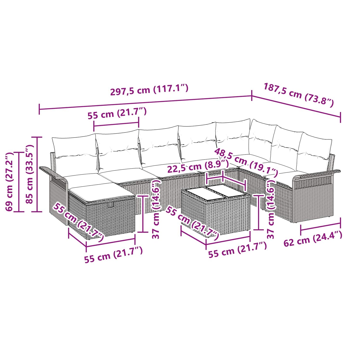 Havesofa Sæt med pude 9 pcs Grå og Marineblå polyrattan