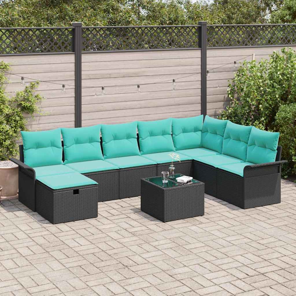 Havesofa Sæt med pude 9 pcs Sort og turkis polyrattan