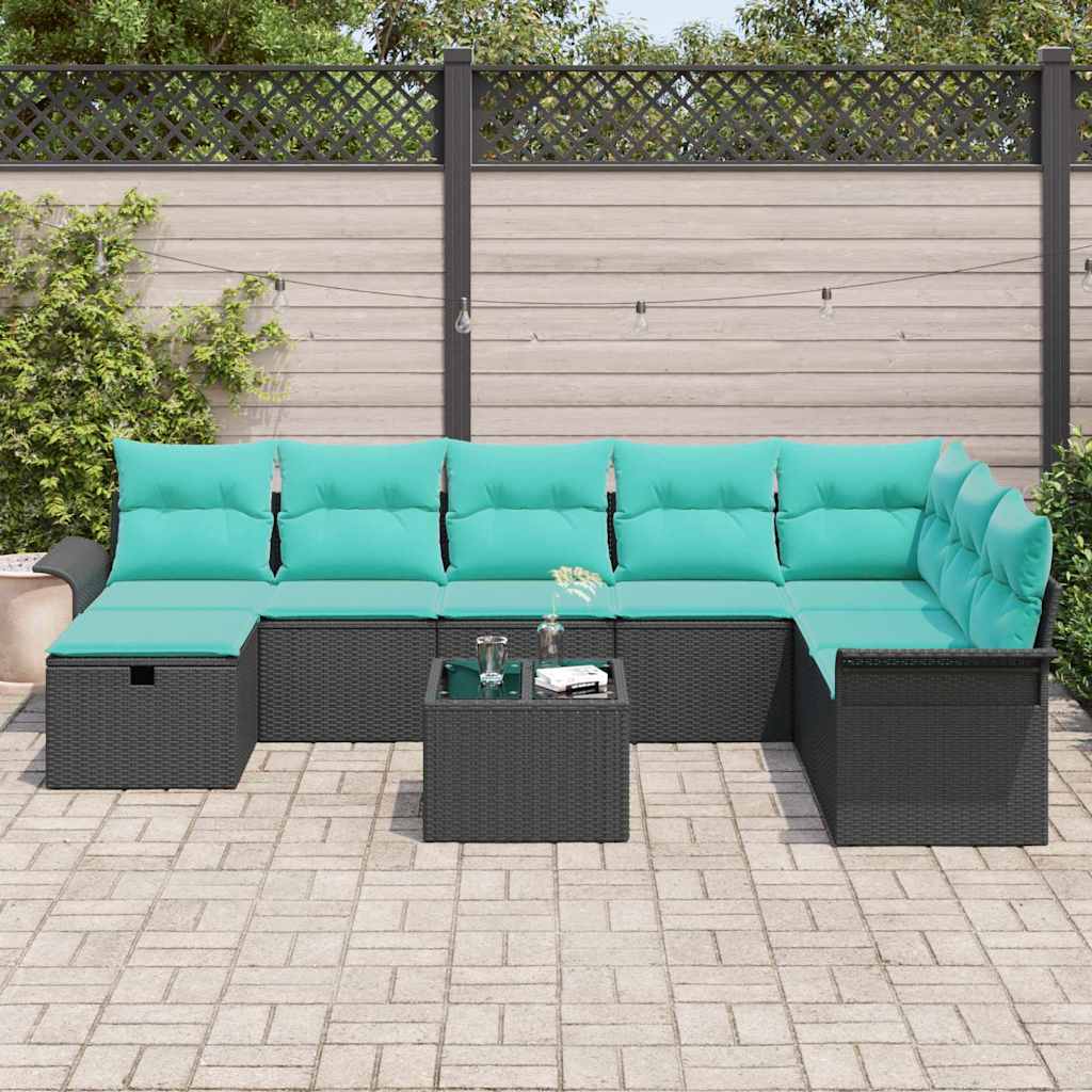 Havesofa Sæt med pude 9 pcs Sort og turkis polyrattan