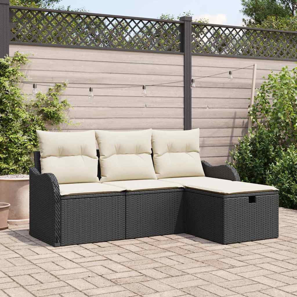 Havesofa Sæt med pude 4 pcs Sort og Cream polyrattan
