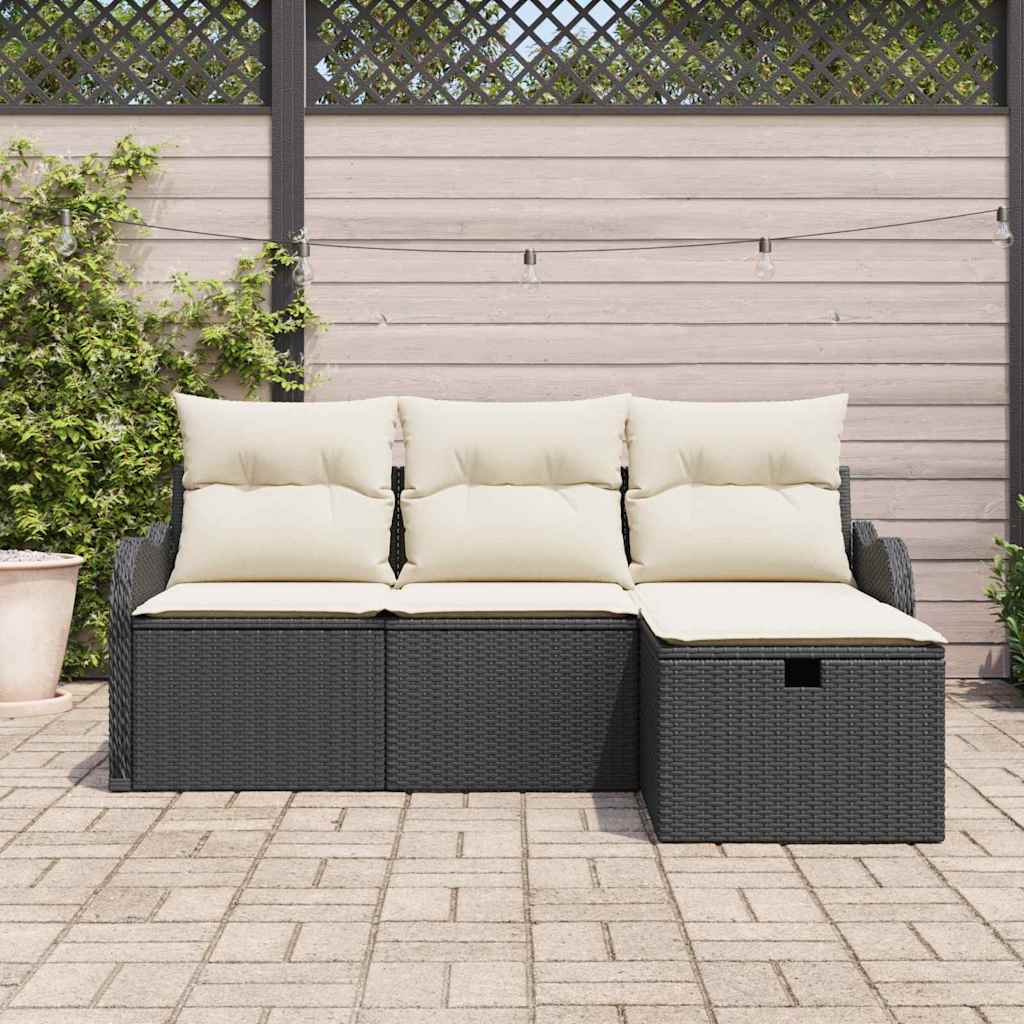 Havesofa Sæt med pude 4 pcs Sort og Cream polyrattan
