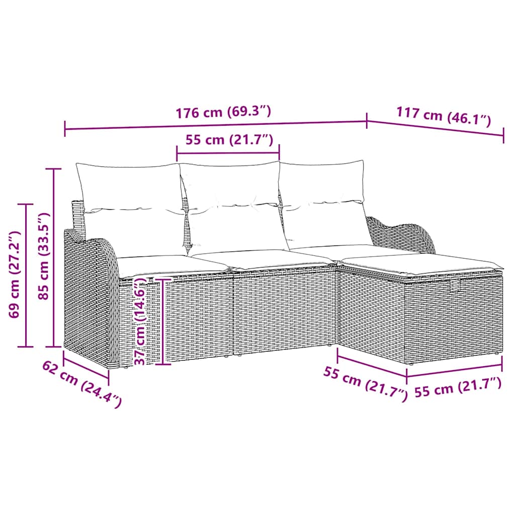 Havesofa Sæt med pude 4 pcs Sort og Cream polyrattan